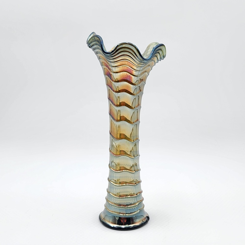 Antique Imperial Glass Helios Green Ripple Carnival Glass Swung Vase 12.5 Chip